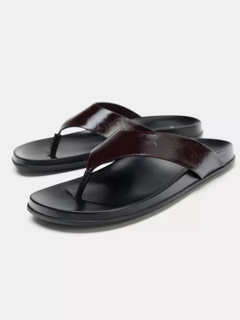 NWT Zara 100% leather Black/ Dark Brown Flat Sandal